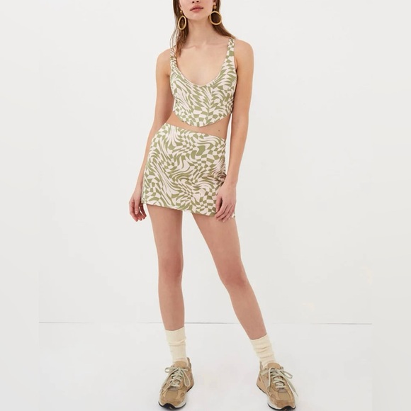 For Love & Lemons Aiko Green Pink Disoriented Checkered Mini Skirt Sz Medium - Picture 4 of 16